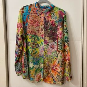 Johnny Was Colorful Boho Long 3/4 Sleeve Button Down Shirt Large